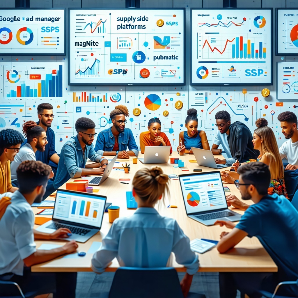 The image captures a bustling digital marketplace with vibrant billboards representing various SupplySide Platforms SSPs like Google Ad Manager Magnite and PubMatic each adorned with their logos and colorful graphics In the foreground a diverse group