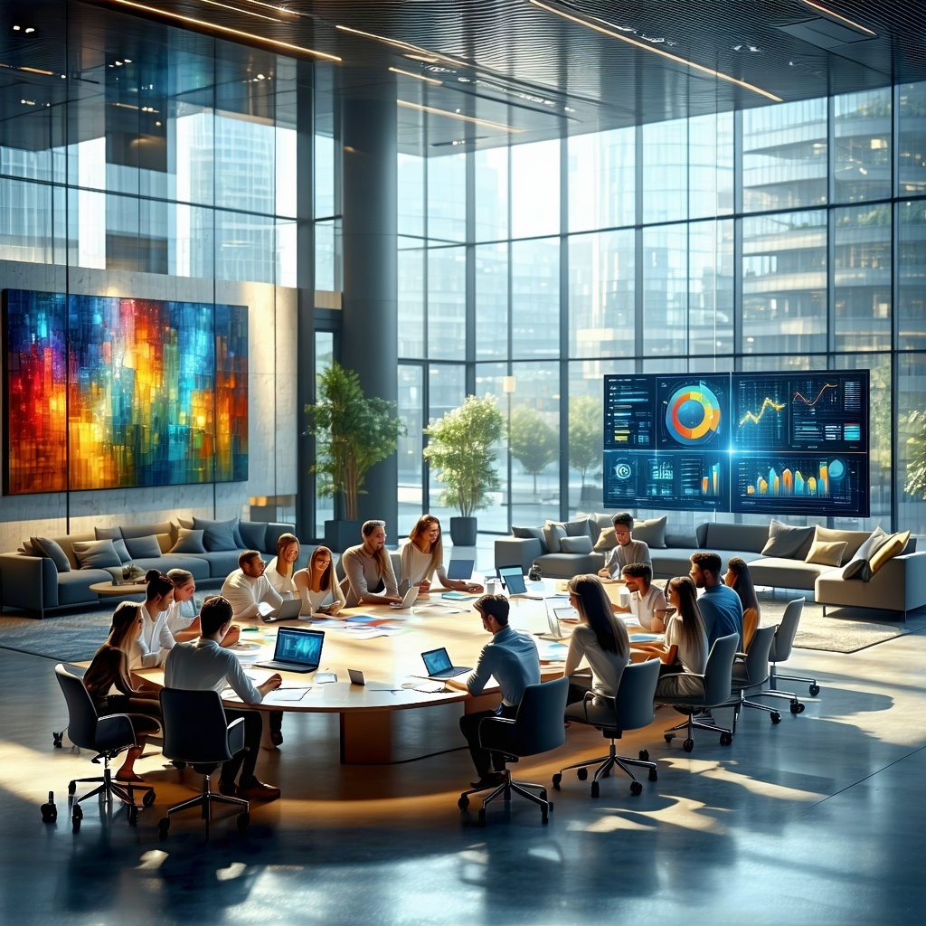 The image captures the bustling interior of a modern corporate office filled with sleek glass panels and open spaces In the foreground a diverse group of professionals engages in a lively discussion around a large oval table scattered with digital de