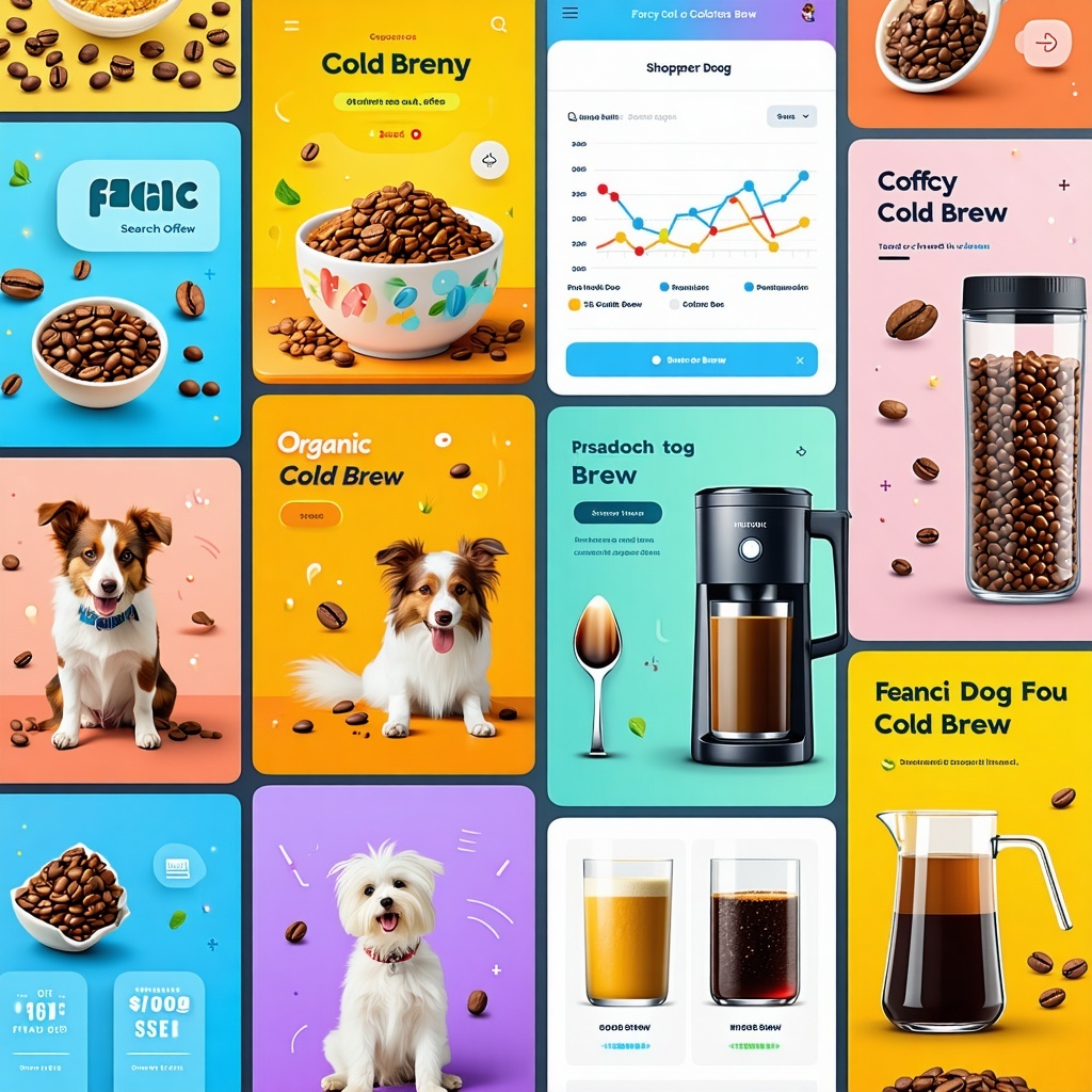 The image depicts a vibrant and bustling digital marketplace interface filled with a variety of product advertisements. The background showcases a sleek, user-friendly shopping app layout, with a search bar prominently displaying the term 