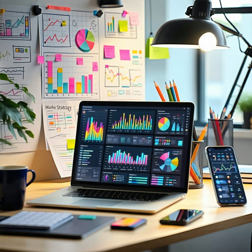 The image depicts a modern digital workspace featuring a sleek laptop open to a vibrant dashboard filled with colorful graphs charts and analytics related to digital advertising performance Surrounding the laptop are various tech gadgets including a