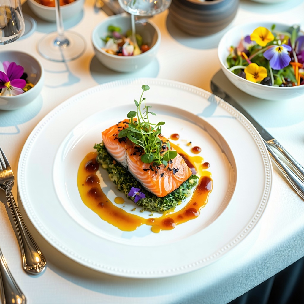 The image depicts a sophisticated dining setting reminiscent of a highend restaurant A beautifully arranged table is adorned with elegant tableware including pristine white plates and polished silver cutlery At the center a gourmet dish is artfully p-1