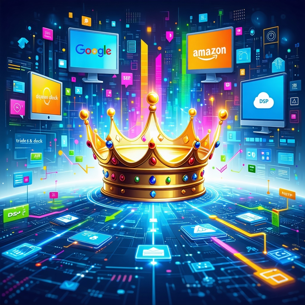 The image depicts a vibrant digital landscape filled with colorful icons representing the top five DemandSide Platforms DSPs dominating the programmatic advertising space In the foreground a stylized crown symbolizes the Ad Spend Kingdom with each DS-1