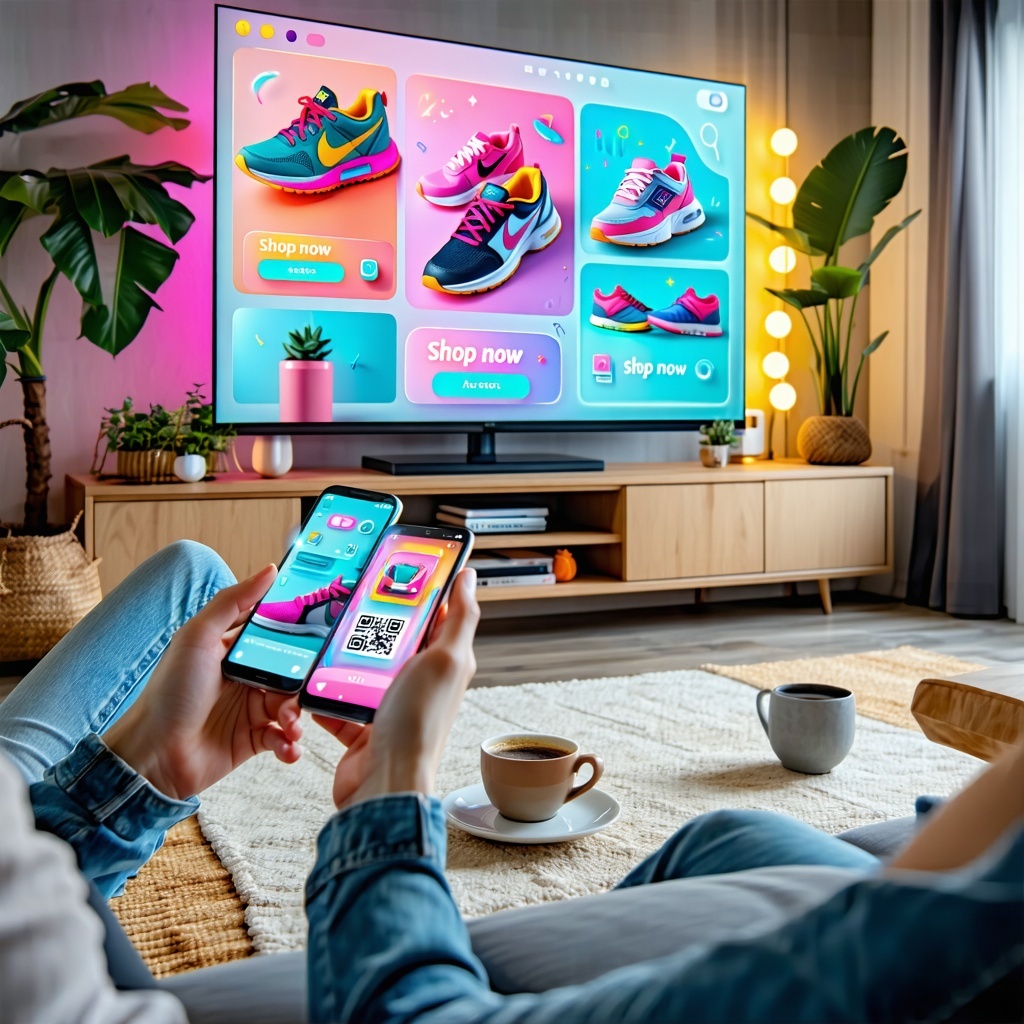 The image depicts a vibrant digital landscape filled with interactive advertisements featuring trendy sneakers innovative gadgets and stylish plant pots Various devices like smartphones tablets and smart TVs are shown in a cozy living room setting di