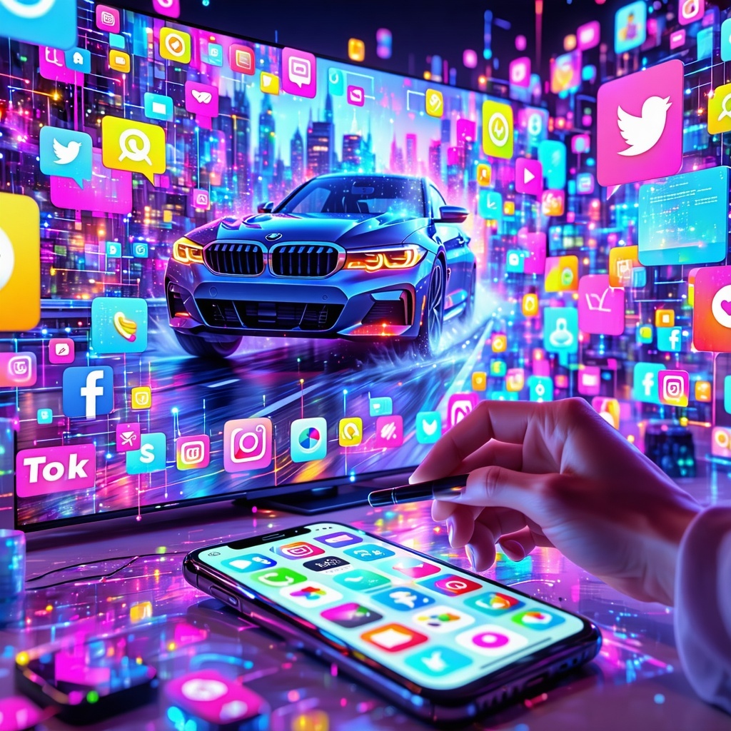 The image depicts a vibrant, digital landscape filled with various screens showcasing ads in diverse formats. In the foreground, a person is intently scrolling through their smartphone, surrounded by floating icons representing popular social media platforms like Instagram, TikTok, and Facebook. On a nearby wall, a large smart TV displays a dynamic advertisement for a new car, with colorful visuals and bold text. To the side, a gaming console is visible, with a character on-screen pausing for an ad break, while a banner ad hovers above, promoting a mobile app. Data streams, illustrated as glowing lines, connect these elements, symbolizing the flow of information and targeting precision. The background is a blend of digital elements and abstract shapes representing the complexity of programmatic advertising, with keywords like 