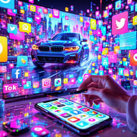 The image depicts a vibrant, digital landscape filled with various screens showcasing ads in diverse formats. In the foreground, a person is intently scrolling through their smartphone, surrounded by floating icons representing popular social media platforms like Instagram, TikTok, and Facebook. On a nearby wall, a large smart TV displays a dynamic advertisement for a new car, with colorful visuals and bold text. To the side, a gaming console is visible, with a character on-screen pausing for an ad break, while a banner ad hovers above, promoting a mobile app. Data streams, illustrated as glowing lines, connect these elements, symbolizing the flow of information and targeting precision. The background is a blend of digital elements and abstract shapes representing the complexity of programmatic advertising, with keywords like