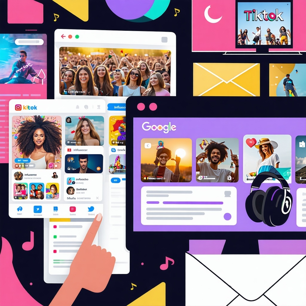 The image depicts a vibrant digital marketing landscape segmented into various channels In the foreground a bustling social media scene showcases people scrolling through Instagram and Facebook with colorful ads and influencer posts prominently displ