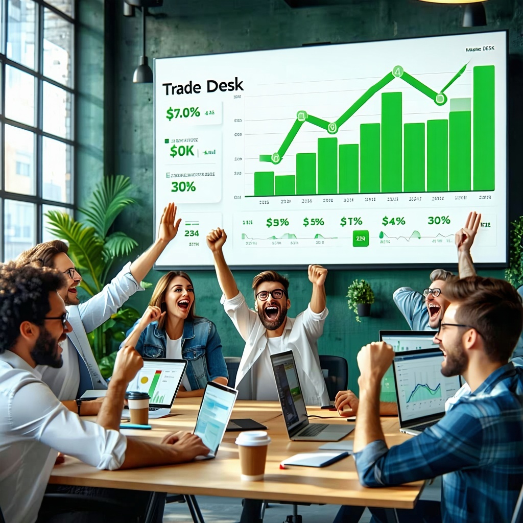 The image depicts a vibrant office environment filled with enthusiastic professionals gathered around a large screen displaying the soaring revenue graphs of The Trade Desk The screen showcases a bold upward trend with numbers highlighted in bright g-1