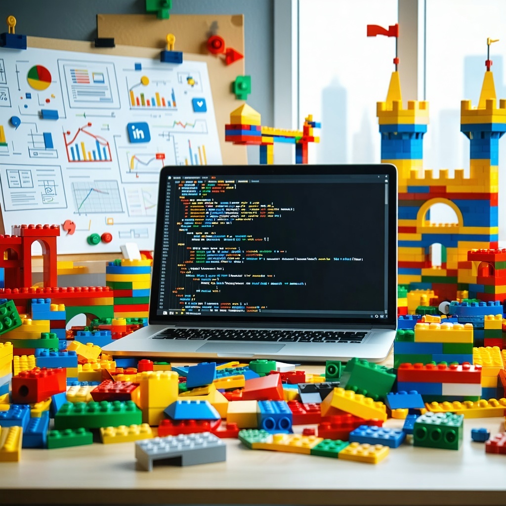 The image depicts a vibrant workspace filled with colorful LEGO bricks representing the concept of building a mobile app using SDKs In the foreground a large open laptop displays a code editor with snippets of code and icons symbolizing various SDKs