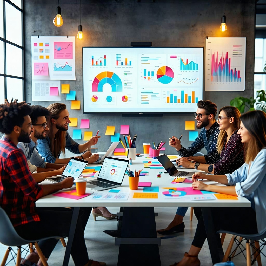 The image features a dynamic and modern workspace bustling with activity In the foreground a diverse group of professionals huddles around a large table animatedly discussing a vibrant digital presentation projected on a screen The room is filled wit-1