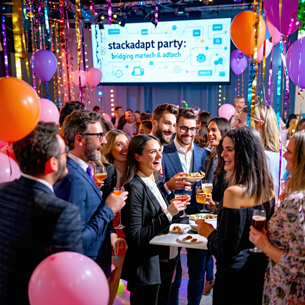 The image features a vibrant party scene in an elegantly decorated venue filled with colorful balloons and streamers In the foreground a diverse group of professionals dressed in business casual attire is animatedly engaging in conversations some hol-1