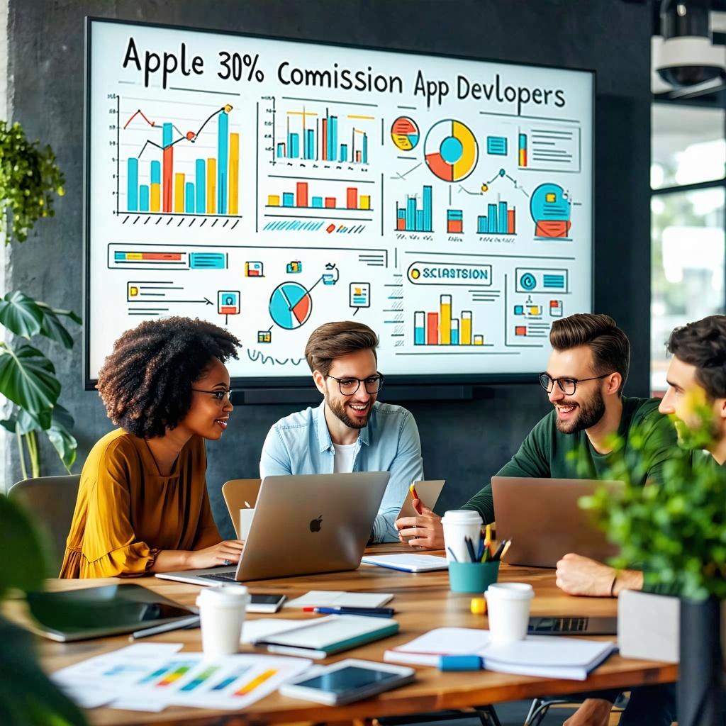 The image portrays a vibrant and modern workspace filled with diverse individuals engaged in lively discussions A large screen displays a colorful infographic illustrating Apples 30 commission structure with graphs showing revenue trends and potentia-3