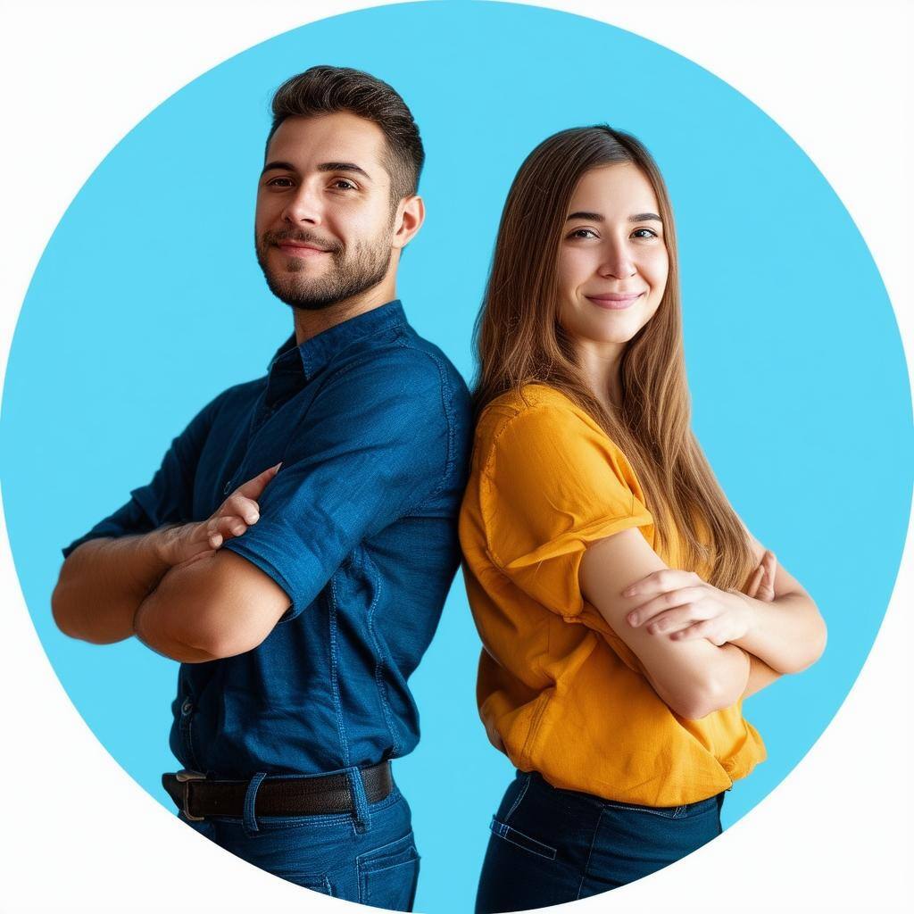 1 guy and 1 girl back to back with crossed arms appealing to marketer personas with a blue background in a circle format