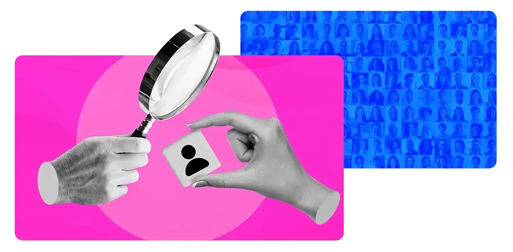 two hands holding a magnifying glass looking at a user profile
