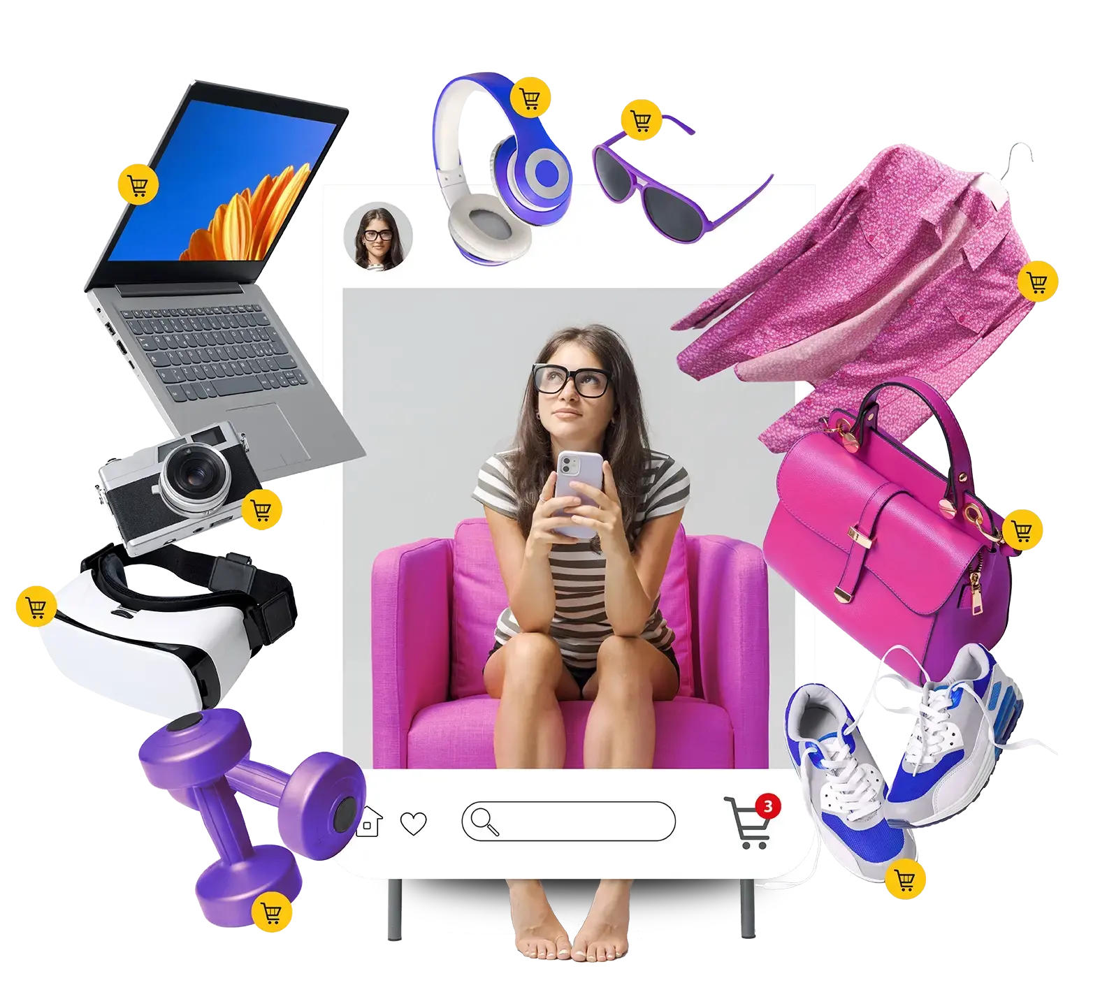 female shopper holding phone surrounded by items she'd like to buy